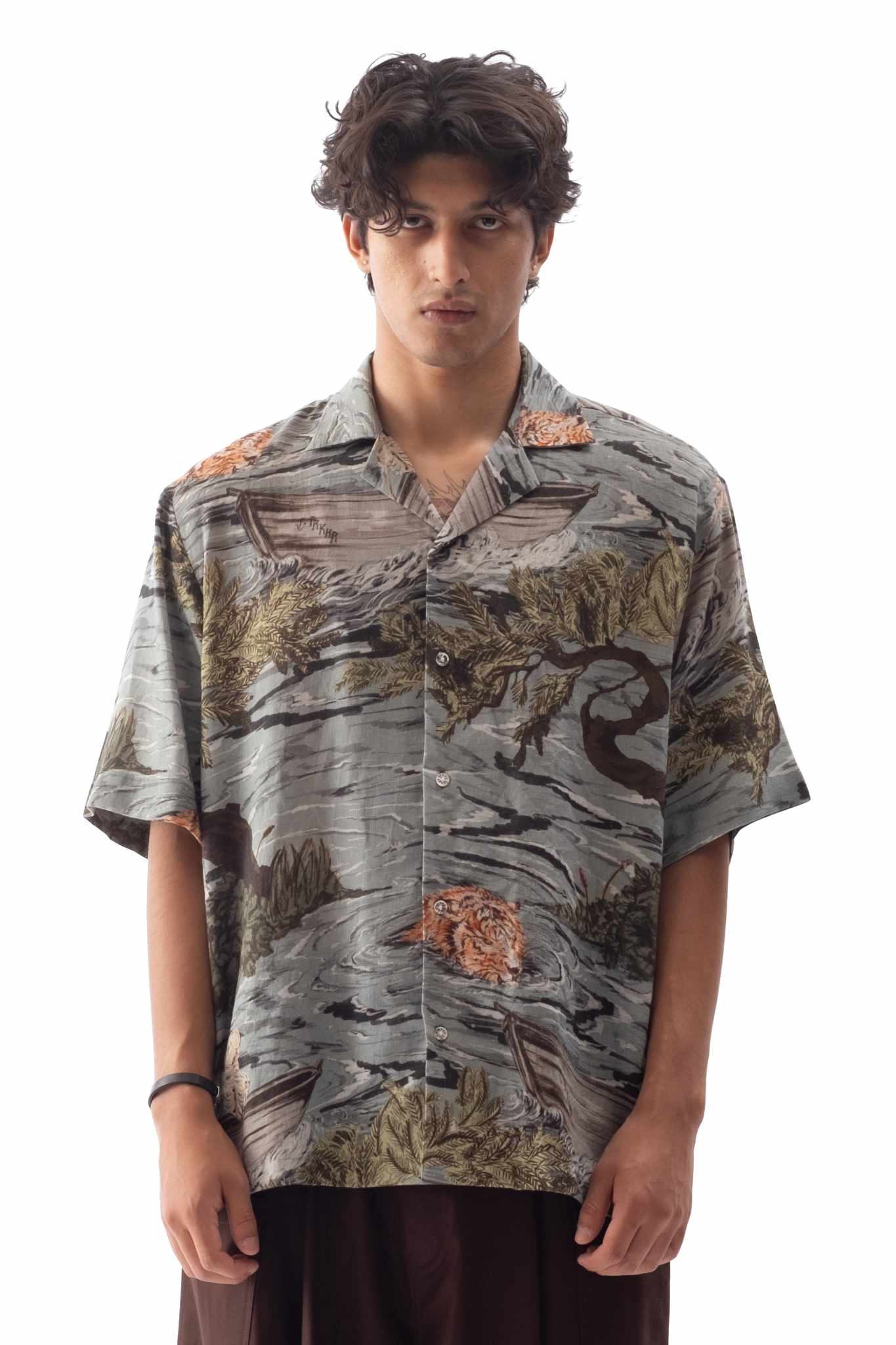 Tropical Print Linen Camp Shirt