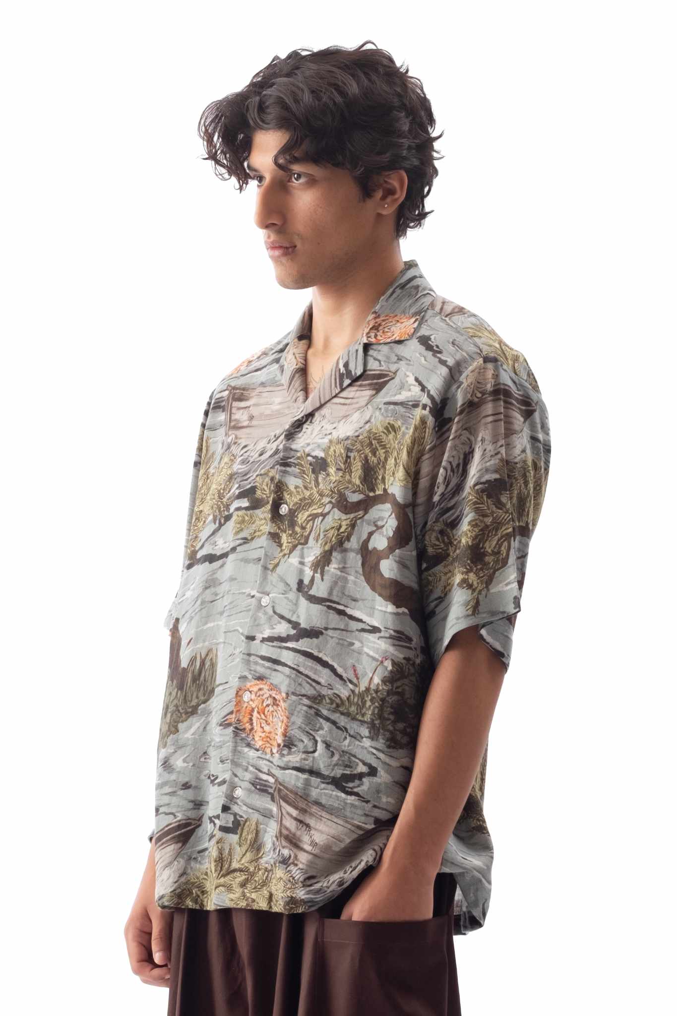 Tropical Print Linen Camp Shirt