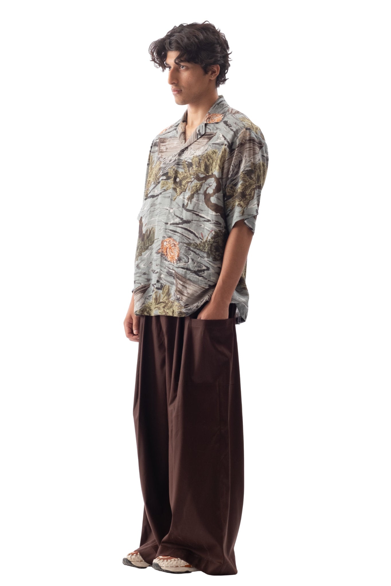 Tropical Print Linen Camp Shirt